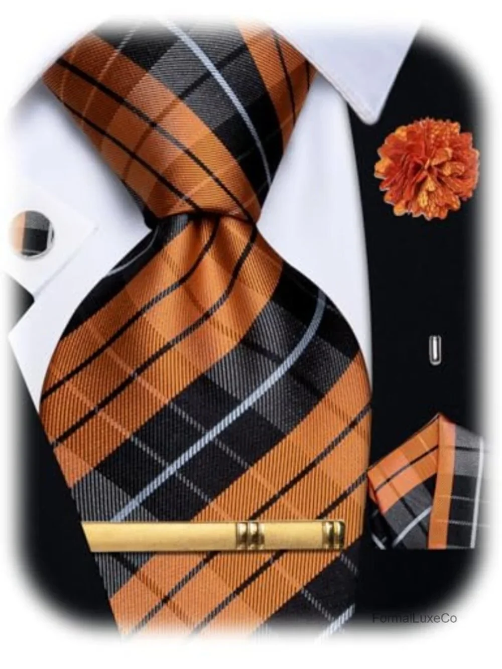 Silk Plaid Tie Set with Pocket Square Cufflinks Lapel Pin Tie Clip